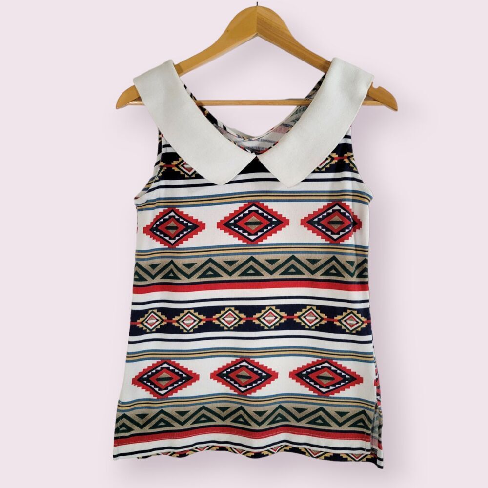 Vintage ROUGHRIDER EUC Southwest Print Tank Sz M Sleeveless Collar Cotton Aztec